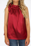 Wine Front Tie Up High Neck Satin Tops