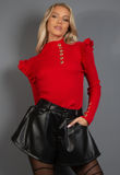 Red Frilled Shoulder Jumper With Button Detail