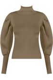 Taupe Pleated Sleeve High Neck Ribbed Jumper