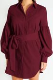 Puff Sleeve Belted Shirt Dress In Burgundy