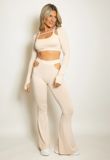 Beige Cut Out Crop Top And Flare Trouser Set