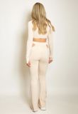 Beige Cut Out Crop Top And Flare Trouser Set
