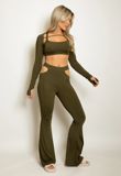 Khaki Cut Out Crop Top And Flare Trouser Set 