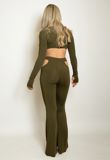 Khaki Cut Out Crop Top And Flare Trouser Set 