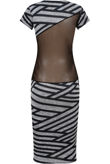 Grey and Black Striped Knitted Net Paneled Midi Dress