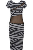 Grey and Black Striped Knitted Net Paneled Midi Dress