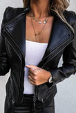 Black PU Double Collar Silver Zip Up Jacket