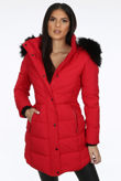 Black Fur Hood High Neck Longline Red Jacket