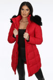 Black Fur Hood High Neck Longline Red Jacket