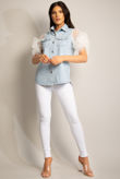 Mesh Sleeve Front Pocketed Denim Shacket 