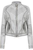 Grey Distressed Leather Stiched Pattern Jacket