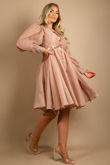 Taupe Balloon Sleeve Skater Dress With Sequin Detail