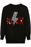 Black Sequin Rock Slogan Round Neck Jumper