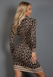 Fret Print High Neck Fine Knit Midi Dress