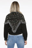 Black Fringe Pearls & Stones Trim Denim Jacket