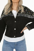 Black Fringe Pearls & Stones Trim Denim Jacket