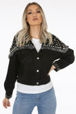Black Fringe Pearls & Stones Trim Denim Jacket