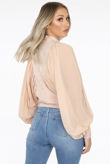 Beige Drape Wing Sleeve Mock Neck Blouse