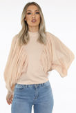 Beige Drape Wing Sleeve Mock Neck Blouse