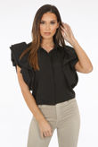 Black Pleated Ruffle Sleeves Cropped Shirt