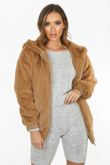 Luxe Faux Fur Zip Up Hoodie In Beige
