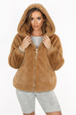 Luxe Faux Fur Zip Up Hoodie In Beige