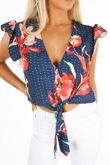 Floral Print Polka Dot Tie Front Blouse