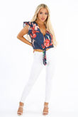 Floral Print Polka Dot Tie Front Blouse