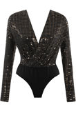 Beige Long Sleeve Embellished Bodysuit 