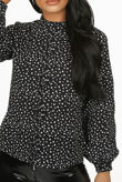 Navy Polka Dot Frilled High Neck Blouse