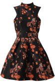 Black Pleated Floral Skater Dress