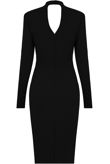 Black High Neck Front Ruffle Textured Midi Dres