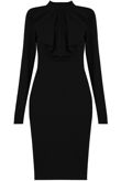 Black High Neck Front Ruffle Textured Midi Dres