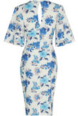 White Flower Print Bell Sleeve Midi Dress