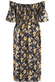 Navy Shirred Floral Off Shoulder Dress