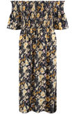 Navy Shirred Floral Off Shoulder Dress