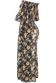 Navy Shirred Floral Off Shoulder Dress