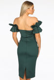 Green Neoprene Ruffle Bardot Midi Dress