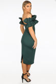 Green Neoprene Ruffle Bardot Midi Dress