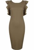 Khaki Frill Trim Tight Stretch Bodycon Dress