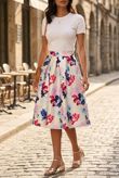 Multicolour Floral Print Pleated Flared Skirt