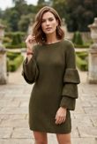 Khaki Knitted Jumper Dress With Frill Sleeve