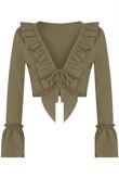 Ruffle Crepe Crop Top With Lace Up Front In Khaki