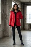 Red Quilted Jacket with Faux Fur Hood and Sleeve Zip Pocket