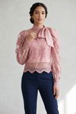 Rose Lace Mesh Knot Collar Blouse