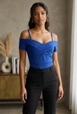 Royal Blue Cross Front Bardot Bodysuit