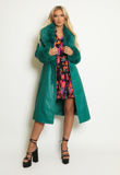Green Faux Fur Trim Belted Trench Coat 