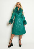 Green Faux Fur Trim Belted Trench Coat 