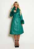 Green Faux Fur Trim Belted Trench Coat 