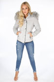 Grey Fur Hood Funnel Neck Jacket